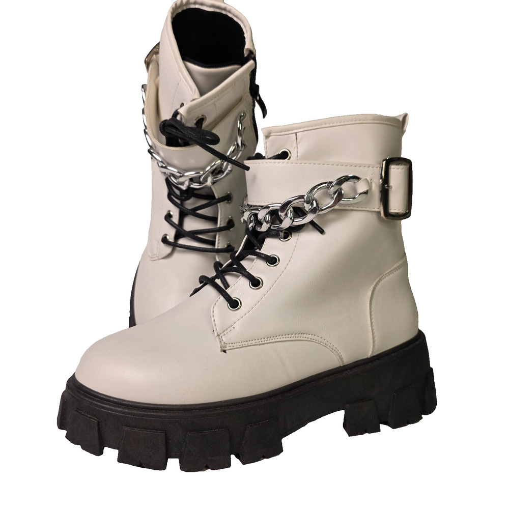 YOKI Combat Military Tactical Boots Women's White Leather Chain Platform - 8 NEW